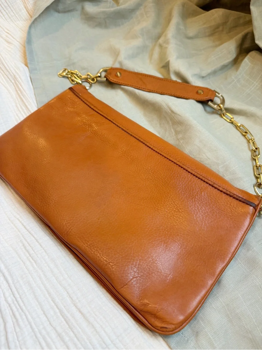 Tory Burch Cognac Leather Logo Clutch with Gold Chain